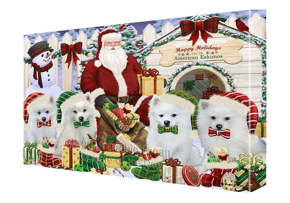 Happy Holidays Christmas American Eskimos Dog House Gathering Canvas Print Wall Art Décor CVS78029
