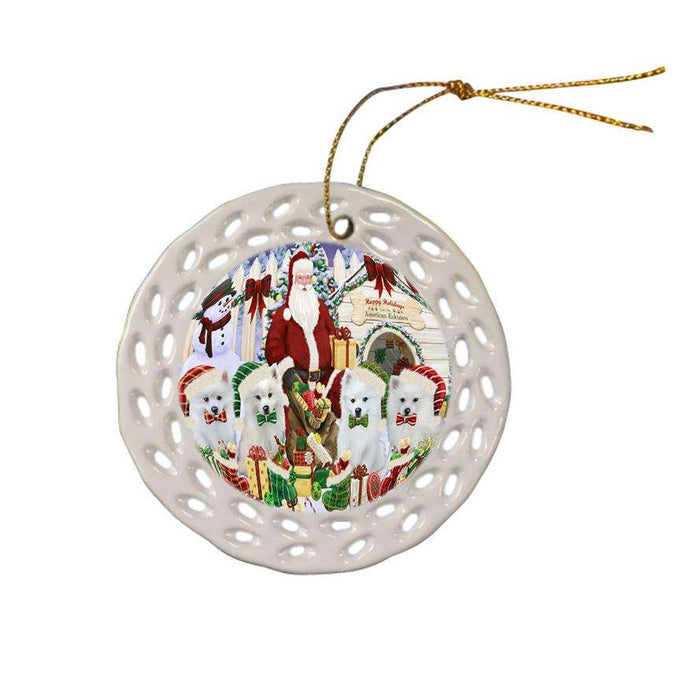 Happy Holidays Christmas American Eskimos Dog House Gathering Ceramic Doily Ornament DPOR51271