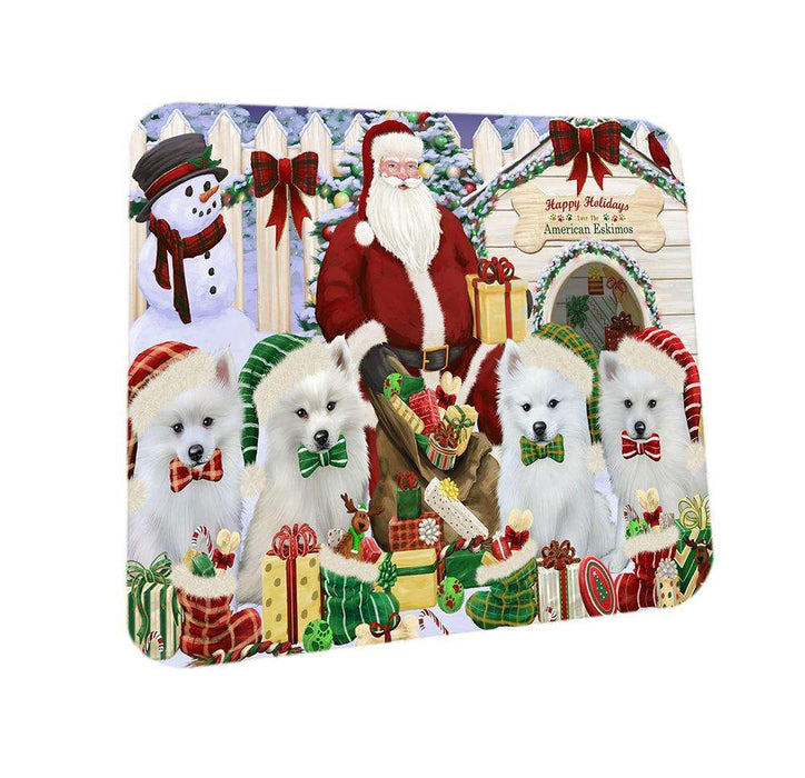 Happy Holidays Christmas American Eskimos Dog House Gathering Coasters Set of 4 CST51230
