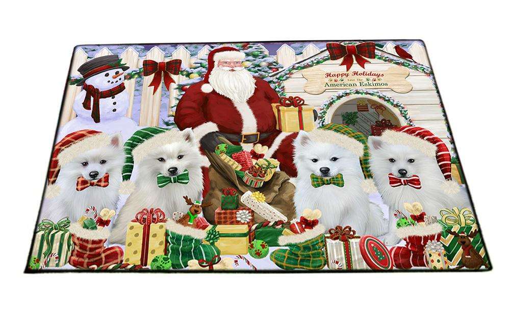 Happy Holidays Christmas American Eskimos Dog House Gathering Floormat FLMS51024