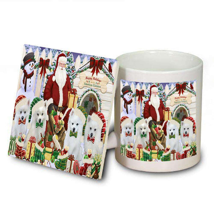 Happy Holidays Christmas American Eskimos Dog House Gathering Mug and Coaster Set MUC51263