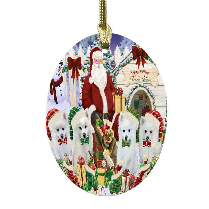 Happy Holidays Christmas American Eskimos Dog House Gathering Oval Glass Christmas Ornament OGOR49674