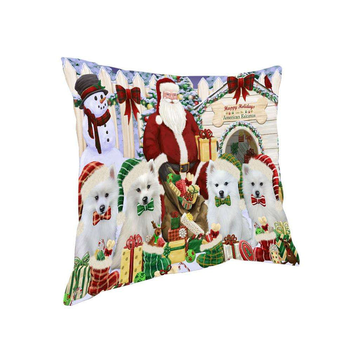 Happy Holidays Christmas American Eskimos Dog House Gathering Pillow PIL61148