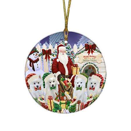 Happy Holidays Christmas American Eskimos Dog House Gathering Round Flat Christmas Ornament RFPOR51262