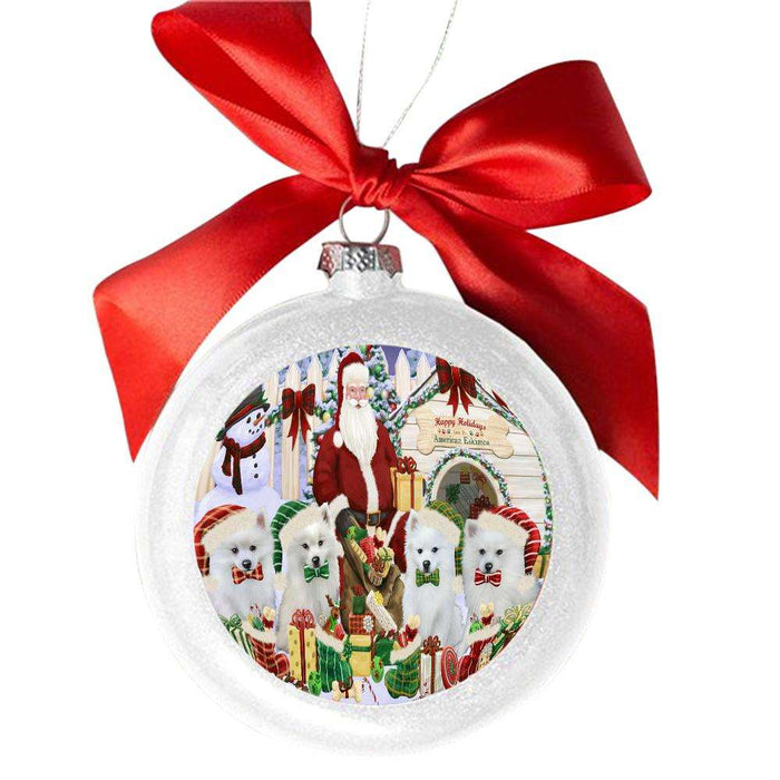 Happy Holidays Christmas American Eskimos Dog House Gathering White Round Ball Christmas Ornament WBSOR49674