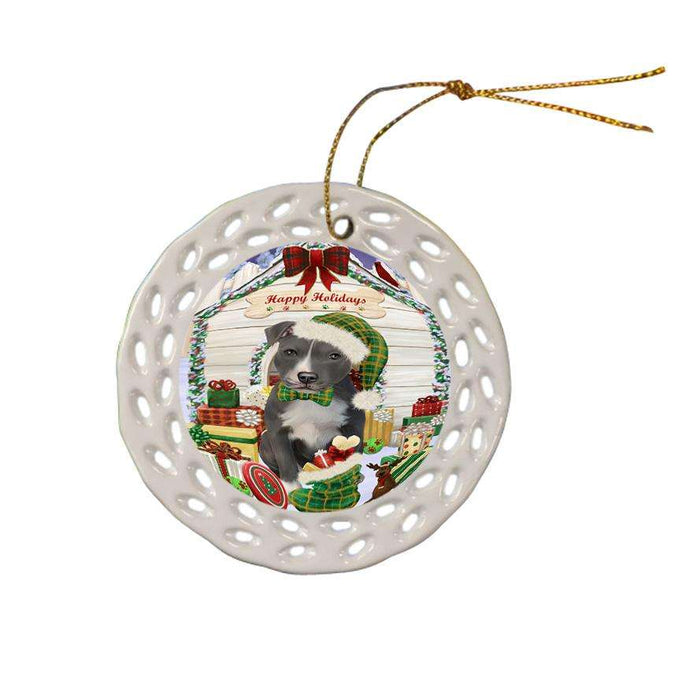 Happy Holidays Christmas American Staffordshire Terrier Dog With Presents Ceramic Doily Ornament DPOR52622