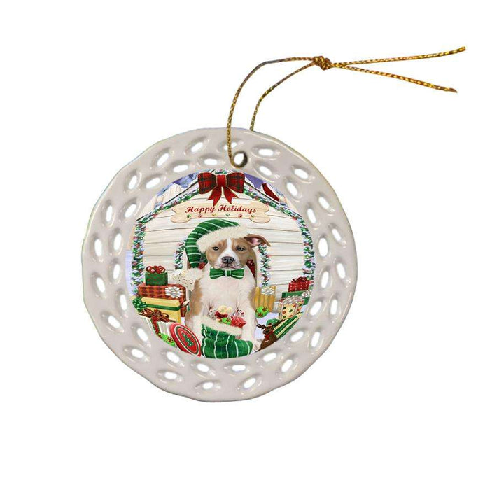 Happy Holidays Christmas American Staffordshire Terrier Dog With Presents Ceramic Doily Ornament DPOR52623