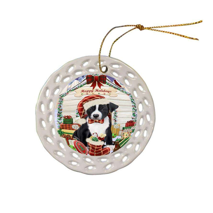 Happy Holidays Christmas American Staffordshire Terrier Dog With Presents Ceramic Doily Ornament DPOR52624