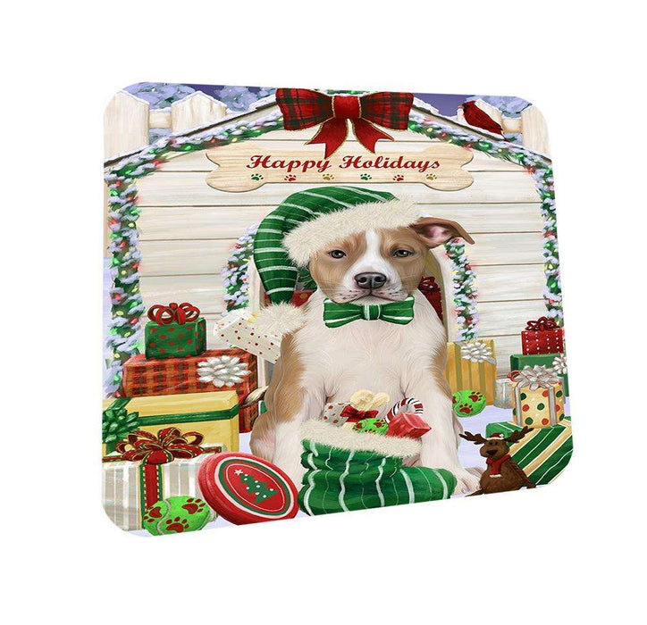 Happy Holidays Christmas American Staffordshire Terrier Dog With Presents Coasters Set of 4 CST52582