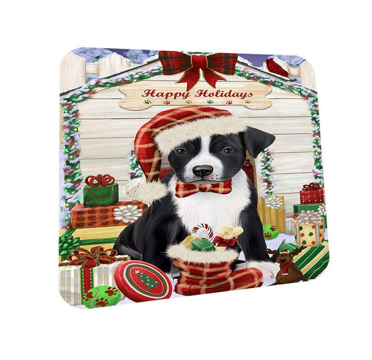 Happy Holidays Christmas American Staffordshire Terrier Dog With Presents Coasters Set of 4 CST52583