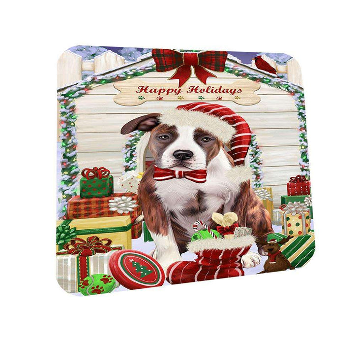 Happy Holidays Christmas American Staffordshire Terrier Dog With Presents Coasters Set of 4 CST52584