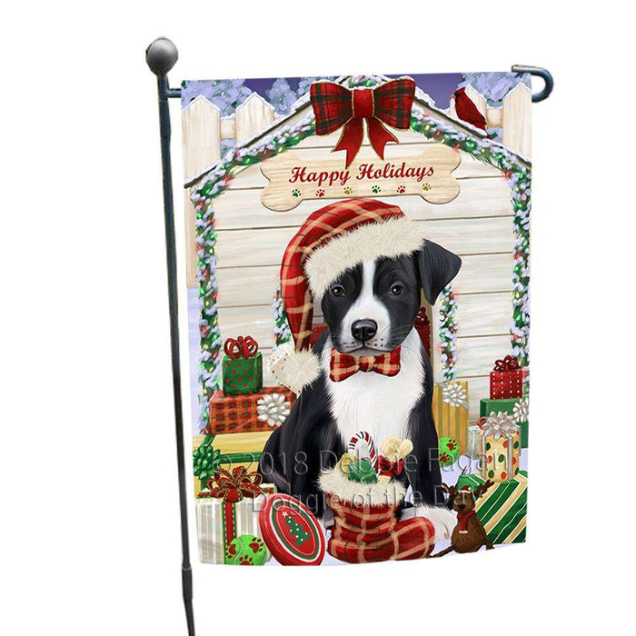 Happy Holidays Christmas American Staffordshire Terrier Dog With Presents Garden Flag GFLG52569