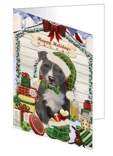 Happy Holidays Christmas American Staffordshire Terrier Dog With Presents Handmade Artwork Assorted Pets Greeting Cards and Note Cards with Envelopes for All Occasions and Holiday Seasons GCD61895