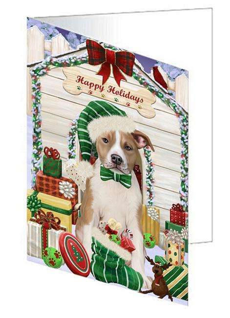Happy Holidays Christmas American Staffordshire Terrier Dog With Presents Handmade Artwork Assorted Pets Greeting Cards and Note Cards with Envelopes for All Occasions and Holiday Seasons GCD61898