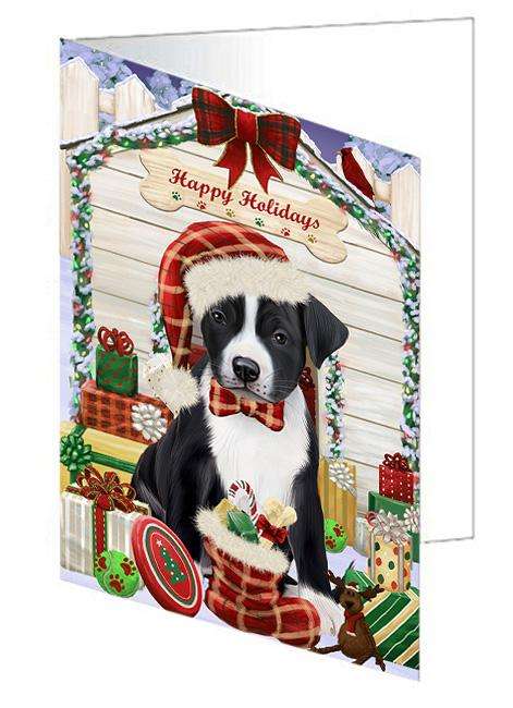 Happy Holidays Christmas American Staffordshire Terrier Dog With Presents Handmade Artwork Assorted Pets Greeting Cards and Note Cards with Envelopes for All Occasions and Holiday Seasons GCD61901
