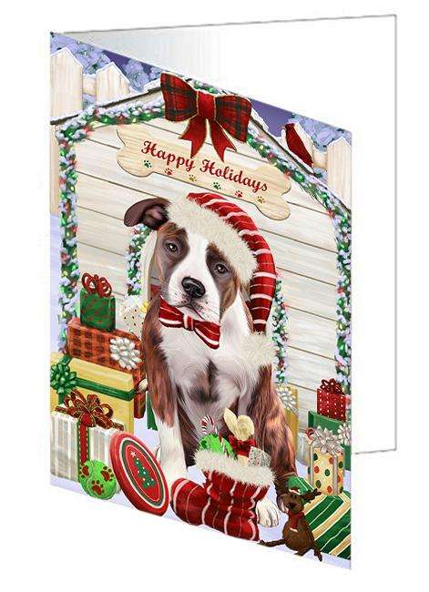 Happy Holidays Christmas American Staffordshire Terrier Dog With Presents Handmade Artwork Assorted Pets Greeting Cards and Note Cards with Envelopes for All Occasions and Holiday Seasons GCD61904
