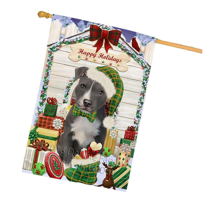 Happy Holidays Christmas American Staffordshire Terrier Dog With Presents House Flag FLG52703