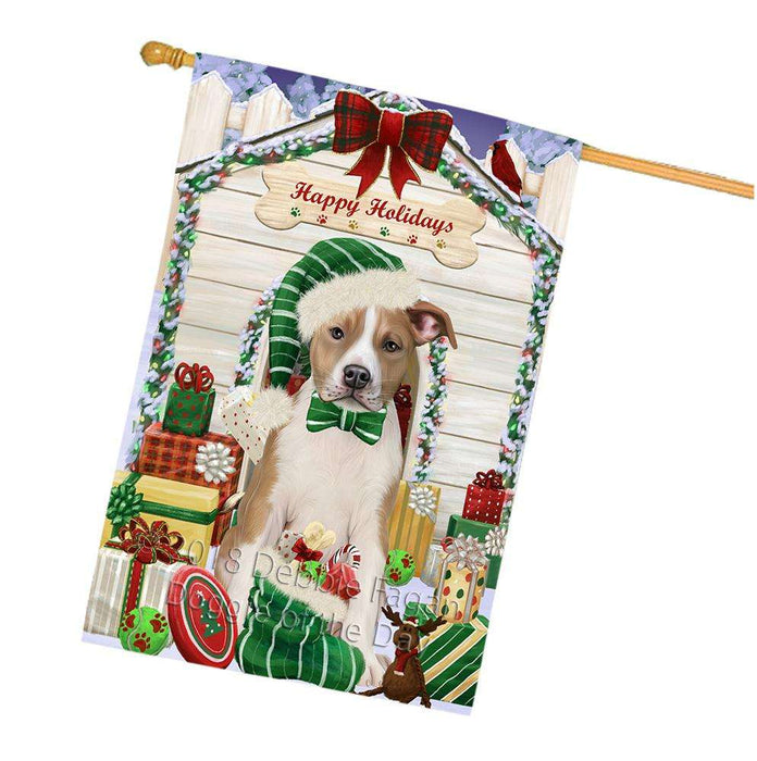 Happy Holidays Christmas American Staffordshire Terrier Dog With Presents House Flag FLG52704