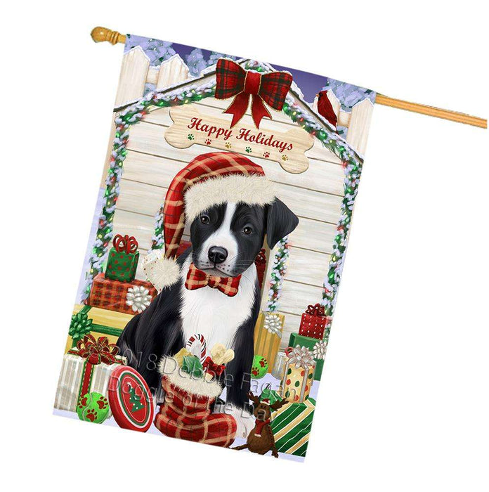 Happy Holidays Christmas American Staffordshire Terrier Dog With Presents House Flag FLG52705