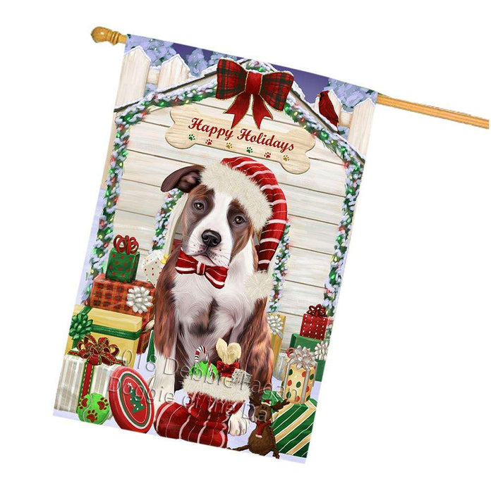 Happy Holidays Christmas American Staffordshire Terrier Dog With Presents House Flag FLG52706