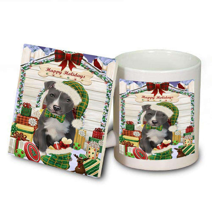 Happy Holidays Christmas American Staffordshire Terrier Dog With Presents Mug and Coaster Set MUC52614