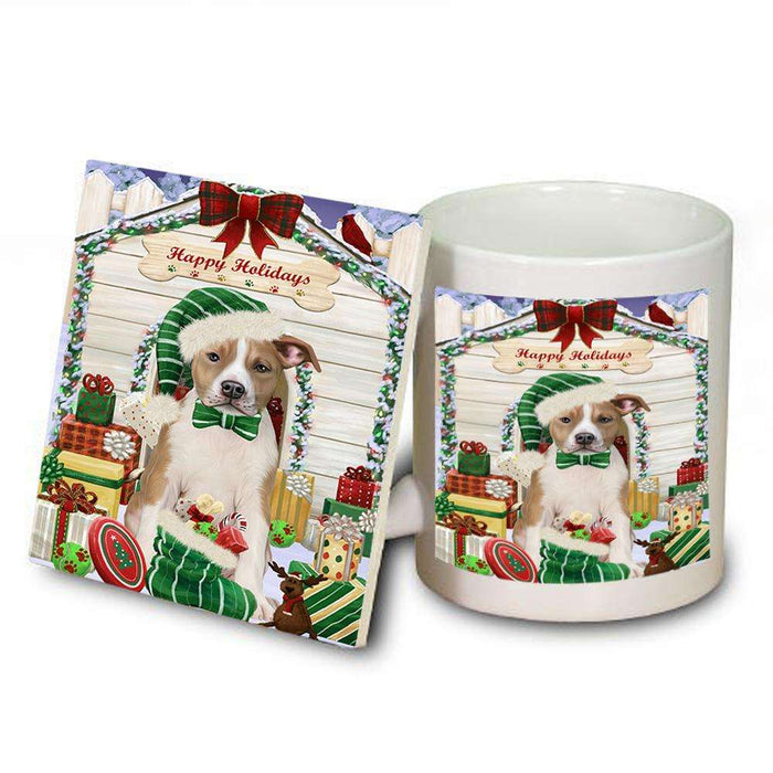 Happy Holidays Christmas American Staffordshire Terrier Dog With Presents Mug and Coaster Set MUC52615