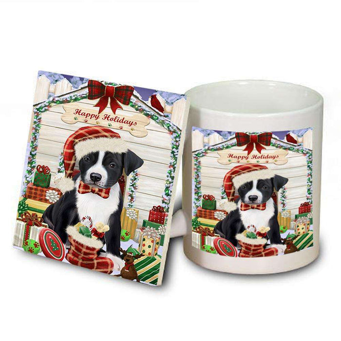 Happy Holidays Christmas American Staffordshire Terrier Dog With Presents Mug and Coaster Set MUC52616