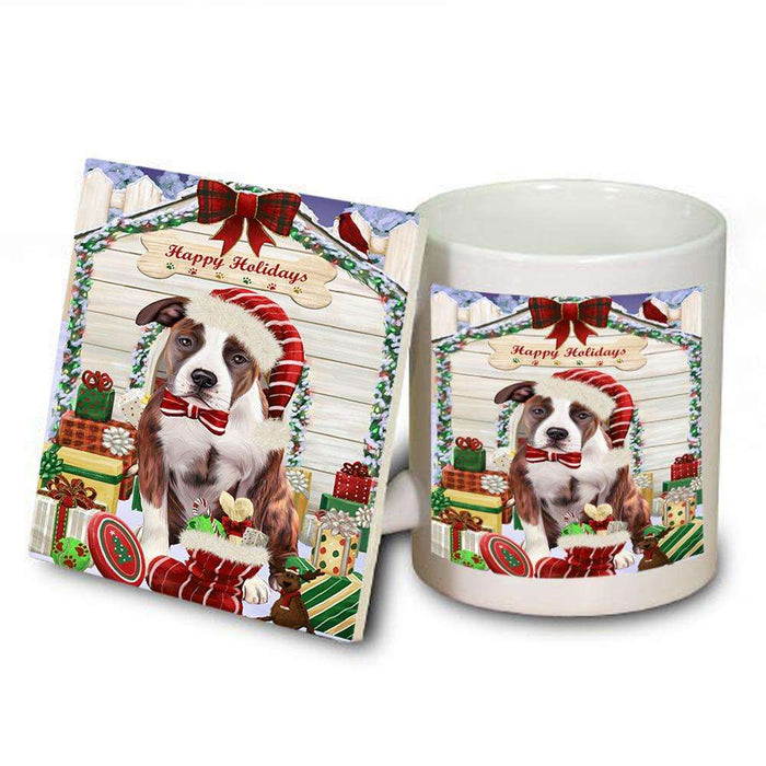 Happy Holidays Christmas American Staffordshire Terrier Dog With Presents Mug and Coaster Set MUC52617