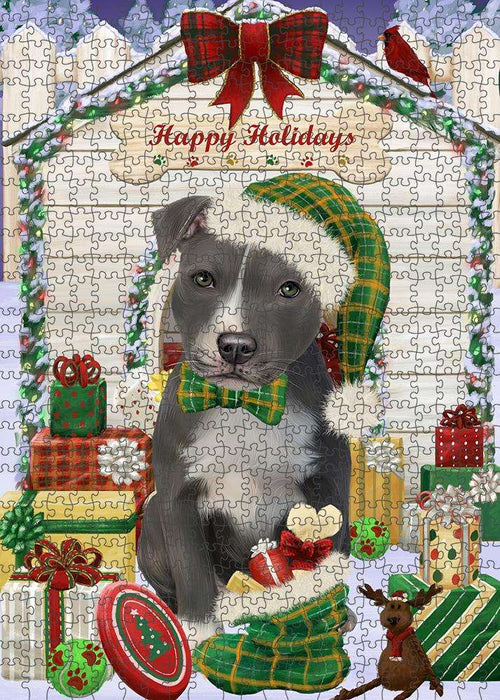 Happy Holidays Christmas American Staffordshire Terrier Dog With Presents Puzzle with Photo Tin PUZL61797