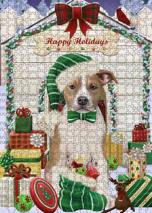 Happy Holidays Christmas American Staffordshire Terrier Dog With Presents Puzzle with Photo Tin PUZL61800
