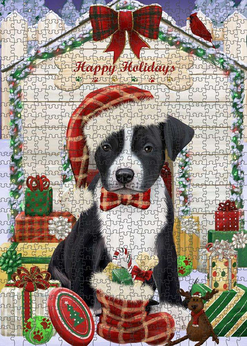 Happy Holidays Christmas American Staffordshire Terrier Dog With Presents Puzzle with Photo Tin PUZL61803