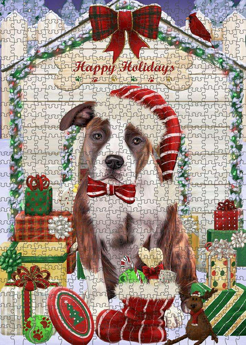 Happy Holidays Christmas American Staffordshire Terrier Dog With Presents Puzzle with Photo Tin PUZL61806