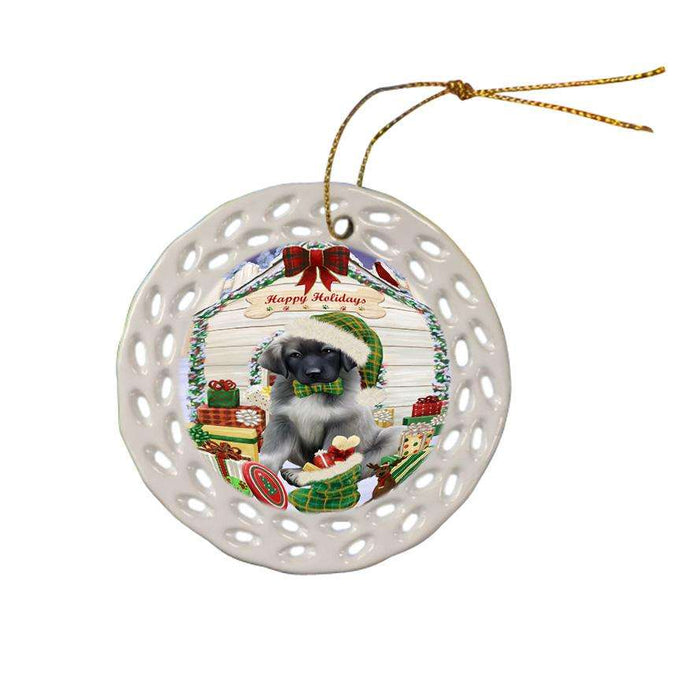 Happy Holidays Christmas Anatolian Shepherd Dog House with Presents Ceramic Doily Ornament DPOR51308
