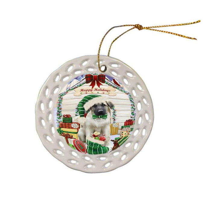 Happy Holidays Christmas Anatolian Shepherd Dog House with Presents Ceramic Doily Ornament DPOR51309