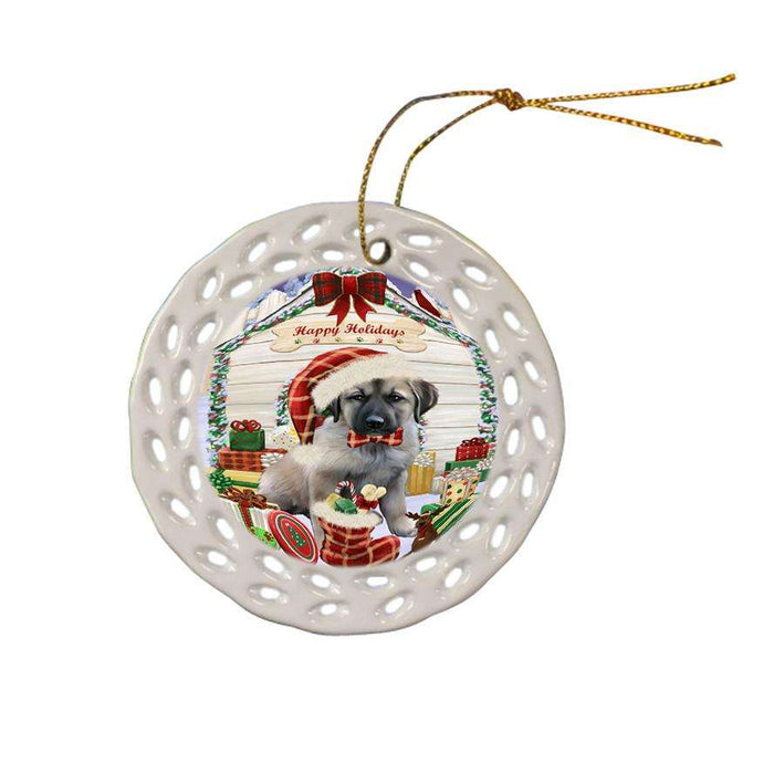 Happy Holidays Christmas Anatolian Shepherd Dog House with Presents Ceramic Doily Ornament DPOR51310
