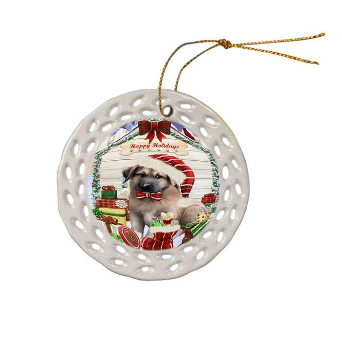 Happy Holidays Christmas Anatolian Shepherd Dog House with Presents Ceramic Doily Ornament DPOR51311