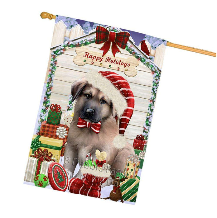 Happy Holidays Christmas Anatolian Shepherd Dog House with Presents House Flag FLG51369