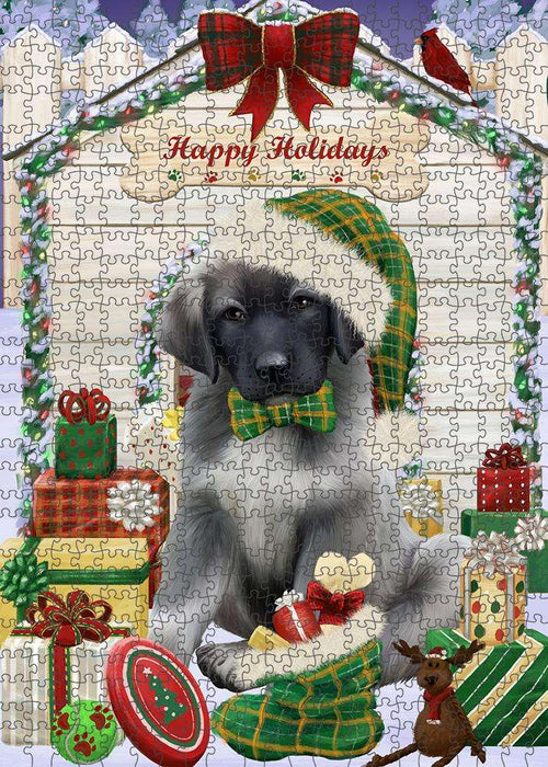 Happy Holidays Christmas Anatolian Shepherd Dog House with Presents Puzzle with Photo Tin PUZL57786