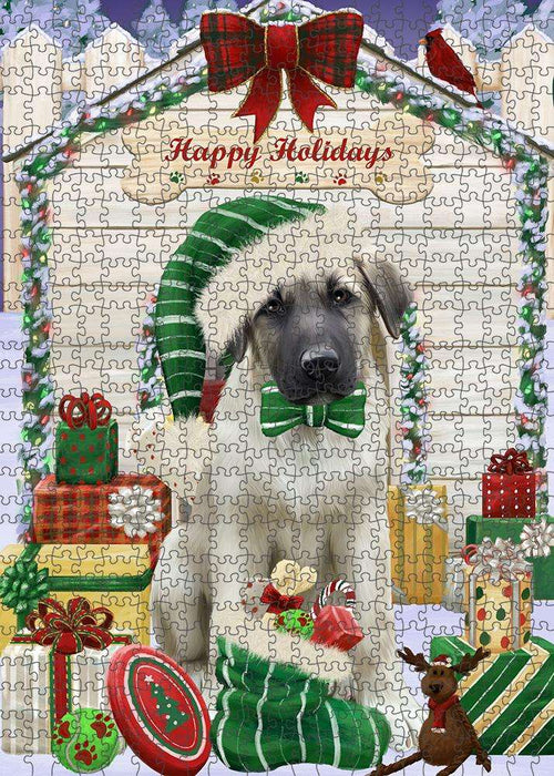 Happy Holidays Christmas Anatolian Shepherd Dog House with Presents Puzzle with Photo Tin PUZL57789