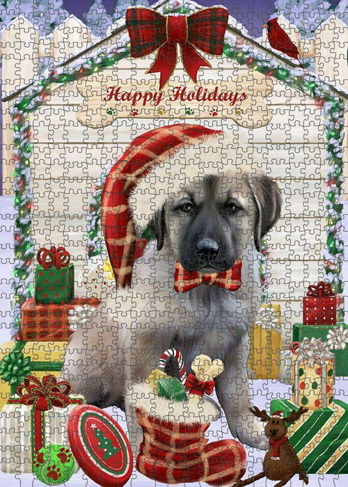 Happy Holidays Christmas Anatolian Shepherd Dog House with Presents Puzzle with Photo Tin PUZL57792