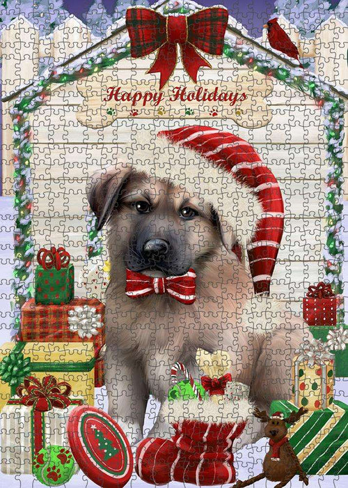 Happy Holidays Christmas Anatolian Shepherd Dog House with Presents Puzzle with Photo Tin PUZL57795