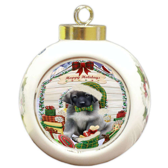 Happy Holidays Christmas Anatolian Shepherd Dog House with Presents Round Ball Christmas Ornament RBPOR51308