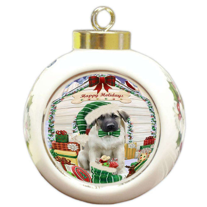 Happy Holidays Christmas Anatolian Shepherd Dog House with Presents Round Ball Christmas Ornament RBPOR51309