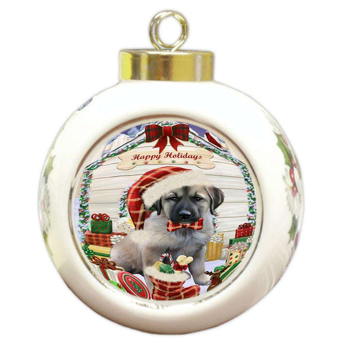 Happy Holidays Christmas Anatolian Shepherd Dog House with Presents Round Ball Christmas Ornament RBPOR51310