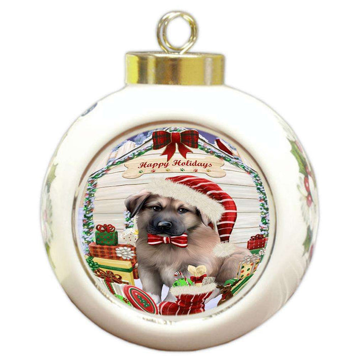 Happy Holidays Christmas Anatolian Shepherd Dog House with Presents Round Ball Christmas Ornament RBPOR51311