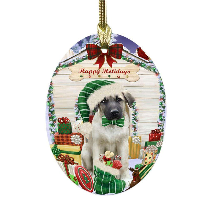 Happy Holidays Christmas Anatolian Shepherd House With Presents Oval Glass Christmas Ornament OGOR49755