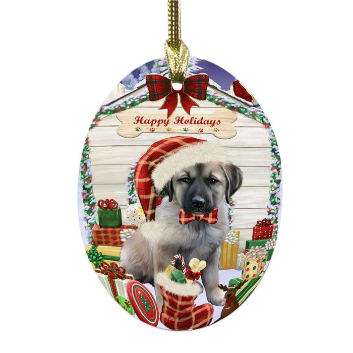 Happy Holidays Christmas Anatolian Shepherd House With Presents Oval Glass Christmas Ornament OGOR49756
