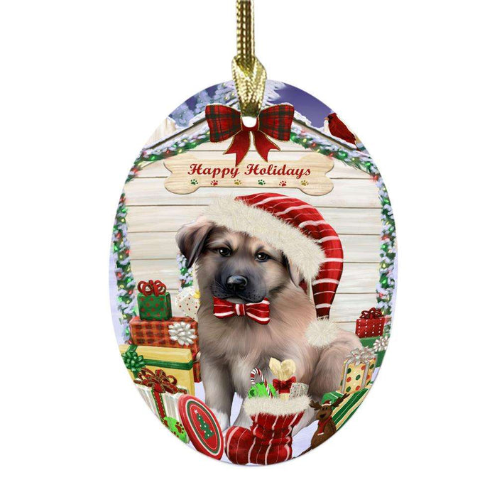 Happy Holidays Christmas Anatolian Shepherd House With Presents Oval Glass Christmas Ornament OGOR49757
