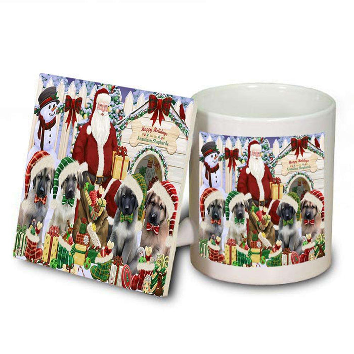 Happy Holidays Christmas Anatolian Shepherds Dog House Gathering Mug and Coaster Set MUC51264