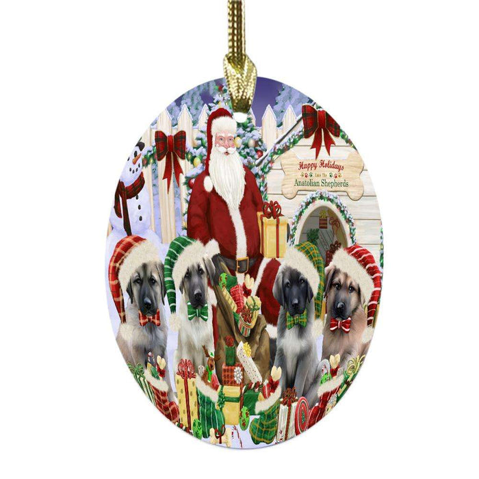 Happy Holidays Christmas Anatolian Shepherds Dog House Gathering Oval Glass Christmas Ornament OGOR49675
